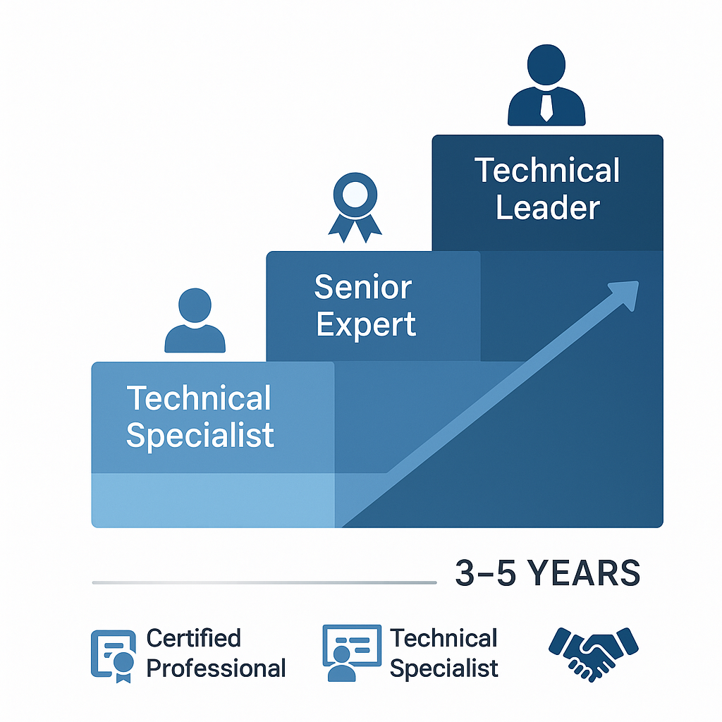 Ascending staircase showing career progression milestones from certified professional through technical specialist and senior expert to technical leader with achievement icons