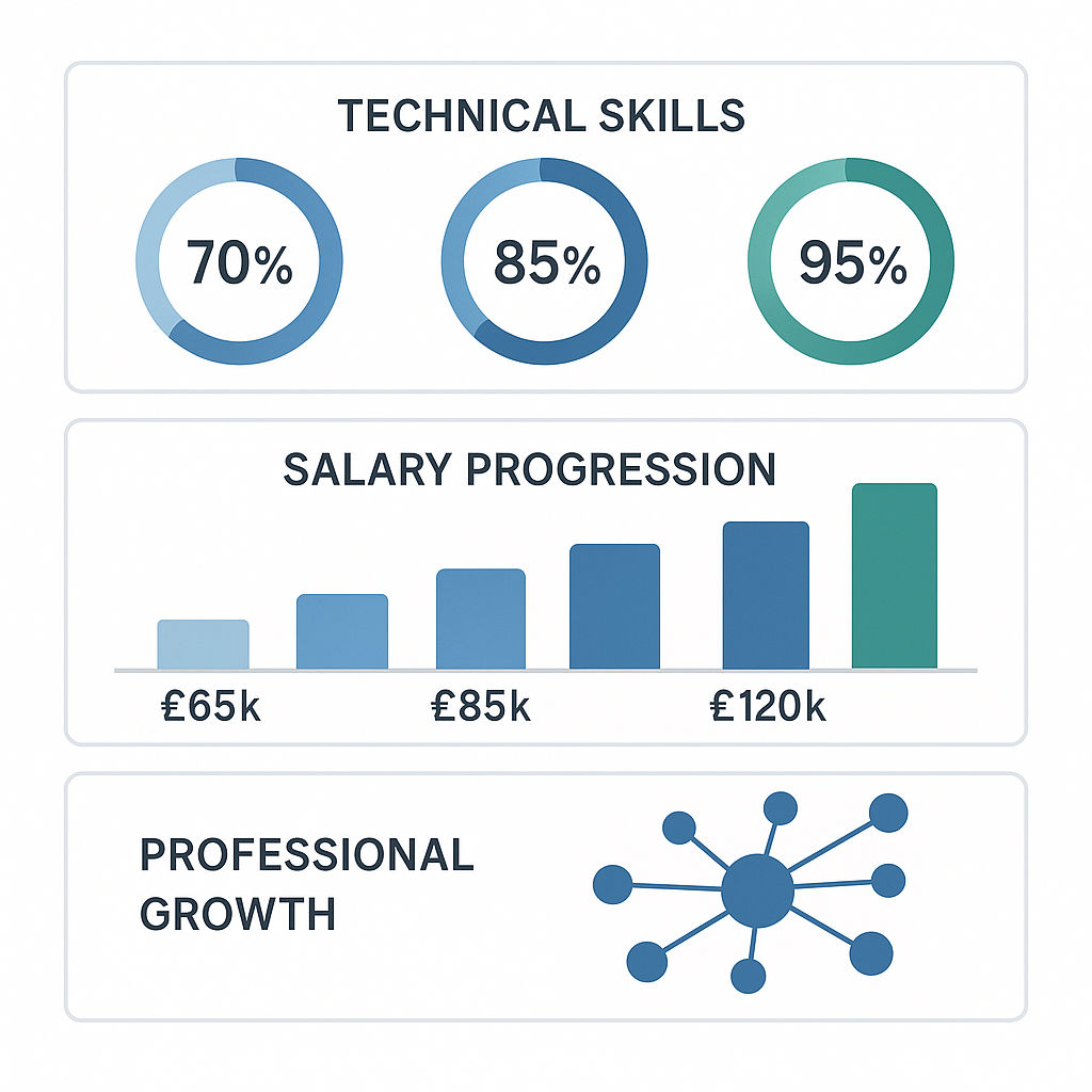 Clean dashboard layout displaying three key metric categories: circular progress indicators for technical skills, bar charts for salary progression, and network visualization for professional growth