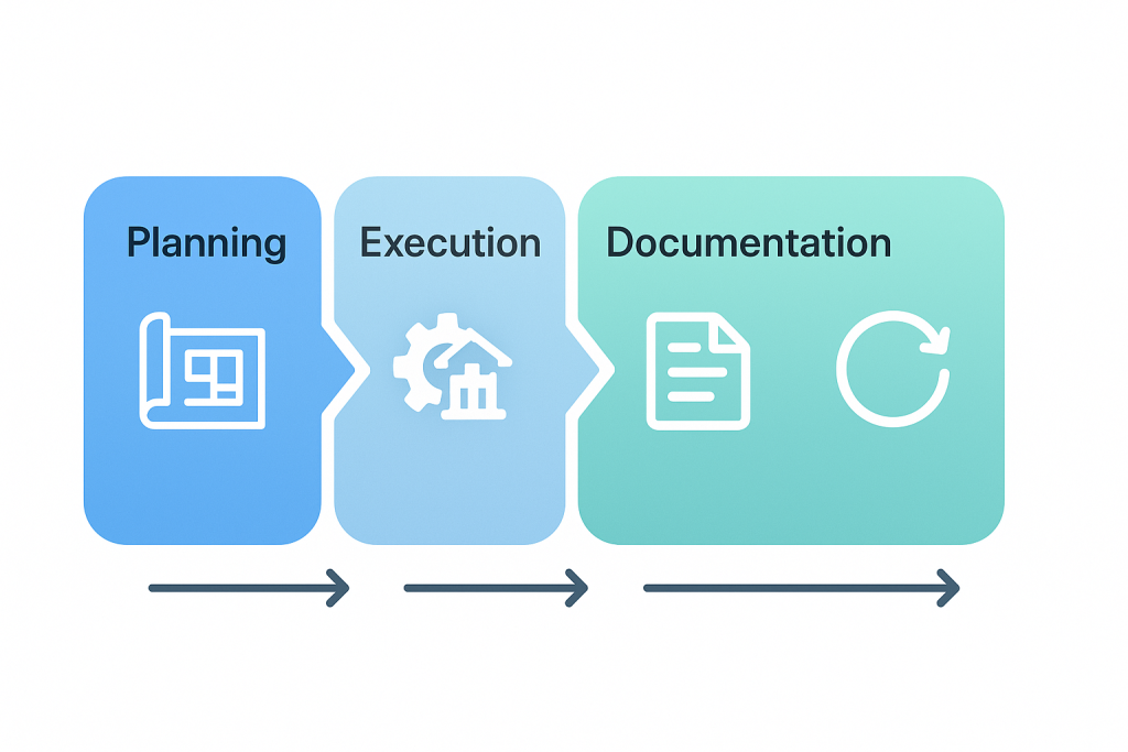 Four-stage horizontal workflow showing project progression from planning (blueprint) through execution (building) to documentation (writing) and iteration (circular improvement)