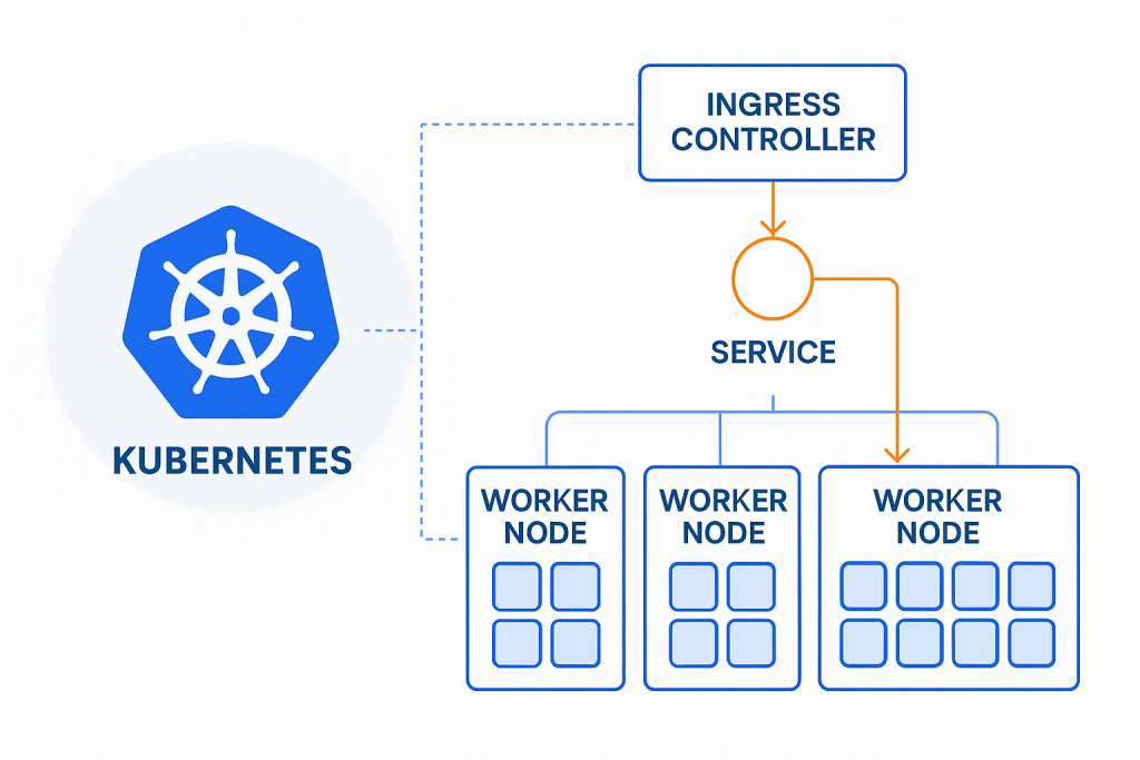 Google Kubernetes Engine cluster architecture showing Kubernetes logo, ingress controller, service components, and three worker nodes containing pod grids, illustrating container orchestration