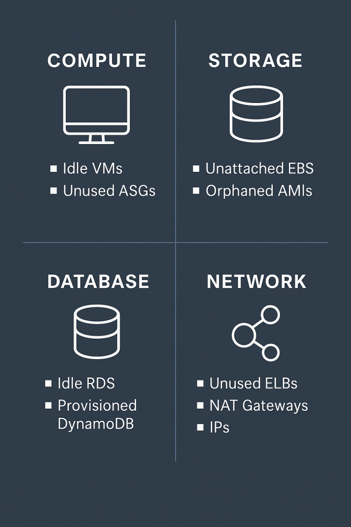 A four-card infographic highlighting compute, storage, database, and network zombies with icons and brief descriptions of each resource type’s typical cloud waste.