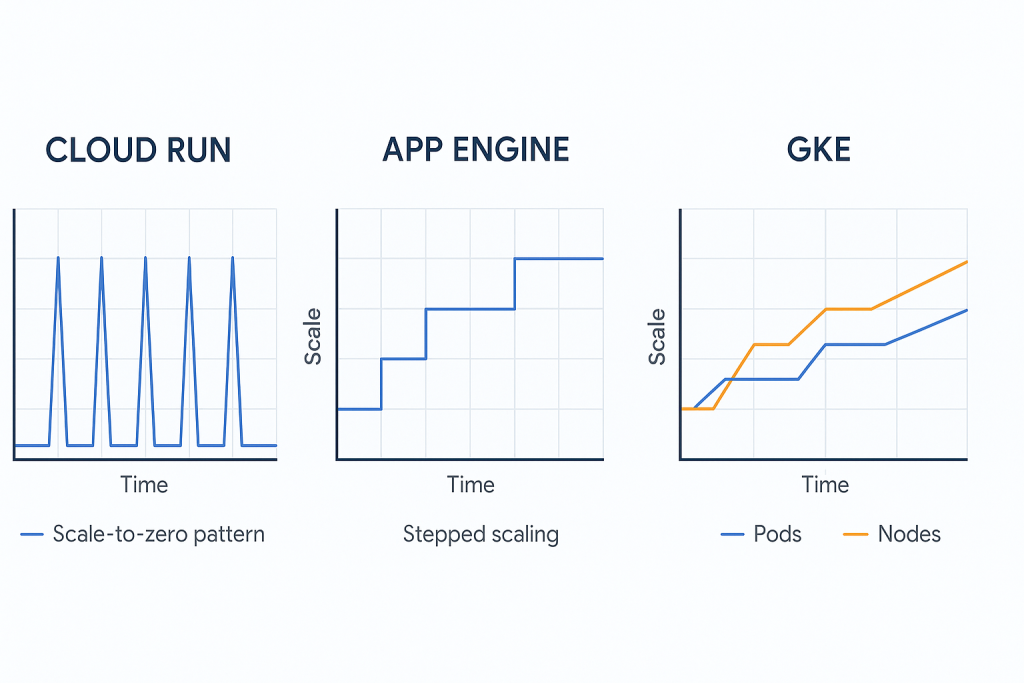Three-panel comparison chart showing scaling behaviors over time: Cloud Run with sharp scale-to-zero spikes, App Engine with stepped scaling pattern, and GKE with separate orange and blue lines for nodes and pods