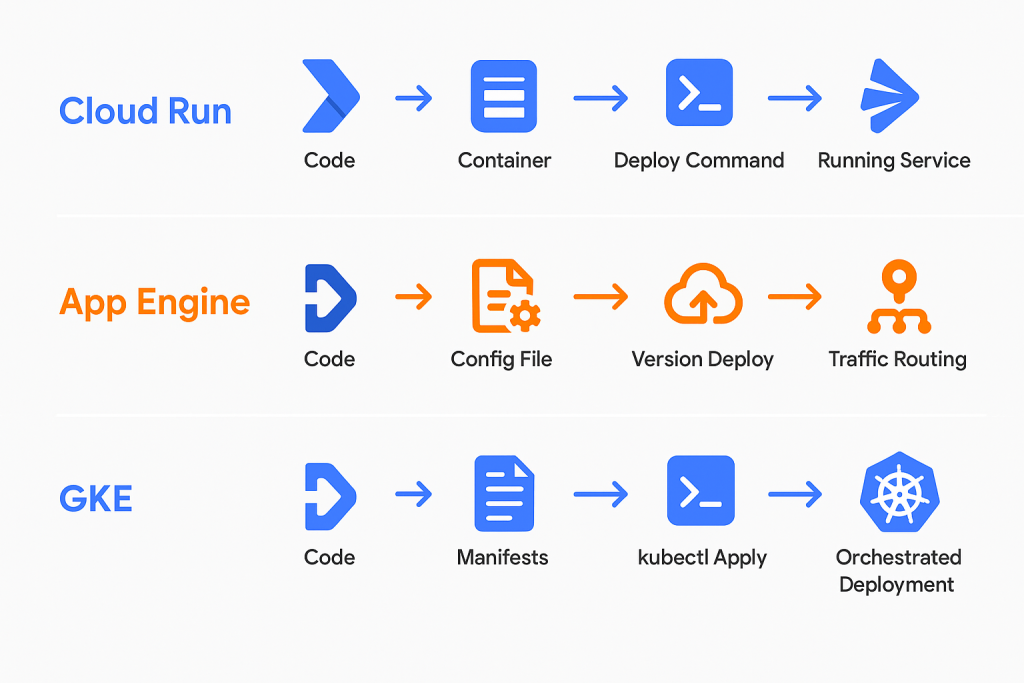 Three-row deployment process comparison: Cloud Run (code to container to deploy command to running service), App Engine (code to config file to version deploy to traffic routing), GKE (code to manifests to kubectl apply to orchestrated deployment)