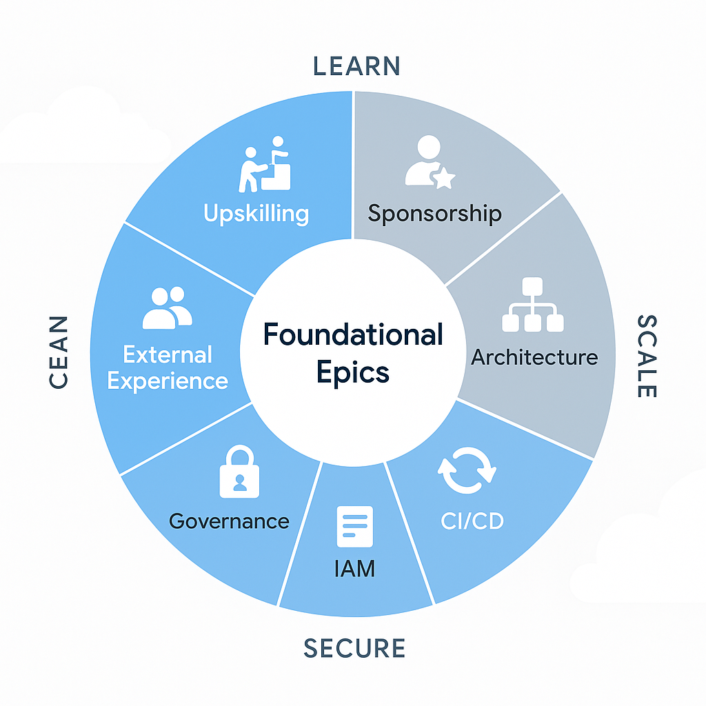 Circular chart highlighting foundational epics of GCAF in blue segments around the center label 'Foundational Epics'. Segments include Upskilling, External Experience, Sponsorship, Architecture, CI/CD, IAM, and Governance.