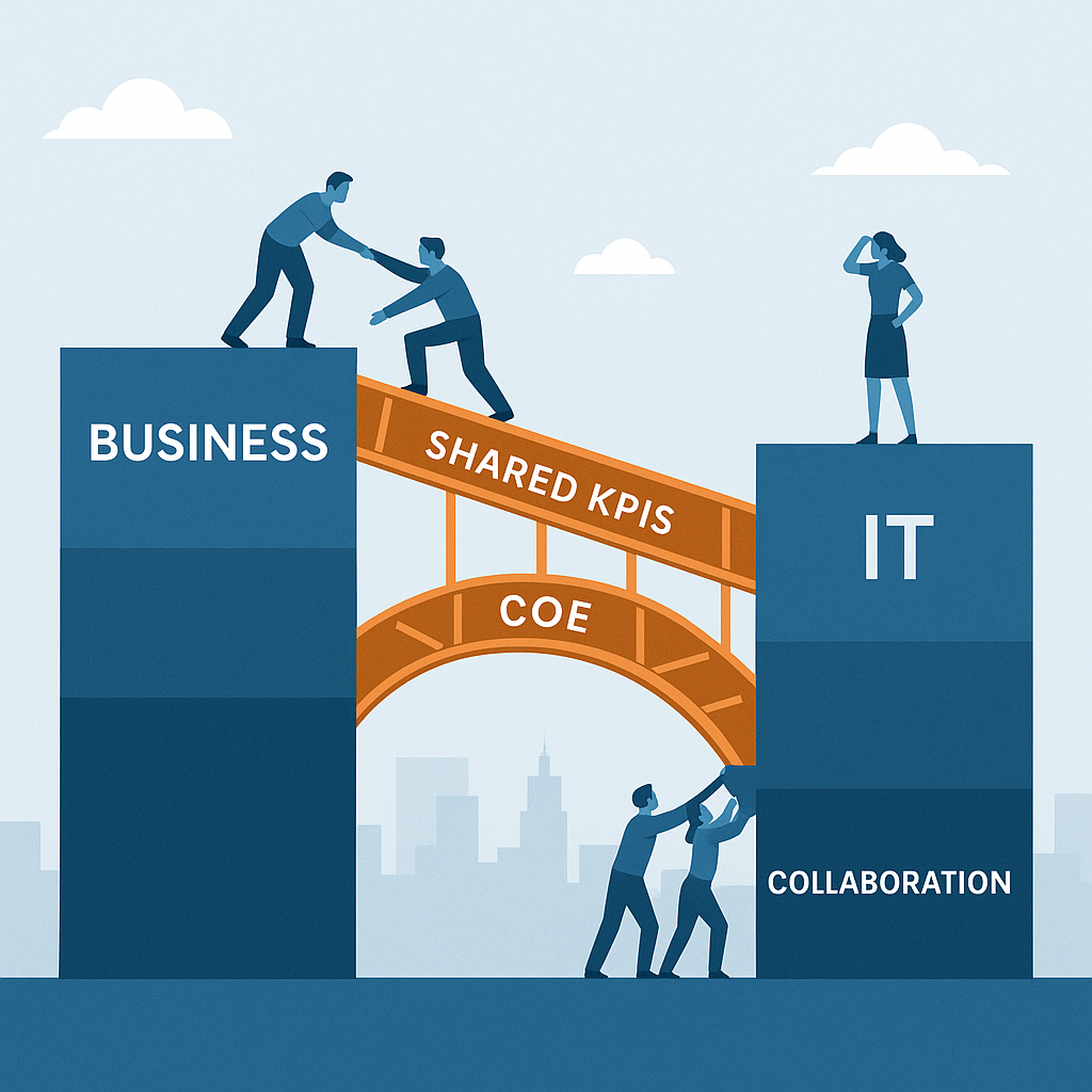 Illustration of a bridge connecting two towers labeled Business and IT. Diverse team members build the bridge, which is marked with 'Shared KPIs', 'CoE', and 'Collaboration', representing cultural alignment.