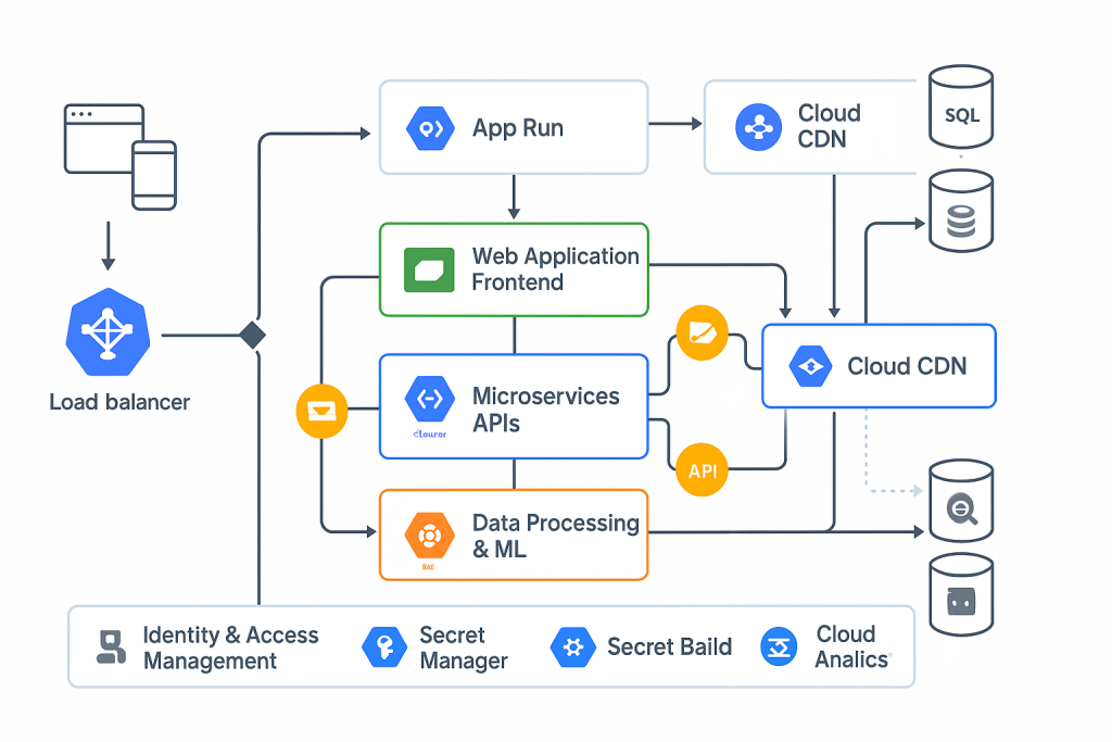 Comprehensive hybrid architecture diagram showing App Engine frontend, Cloud Run microservices APIs, GKE data processing, connected through load balancer, CDN, databases, and shared services like IAM and monitoring