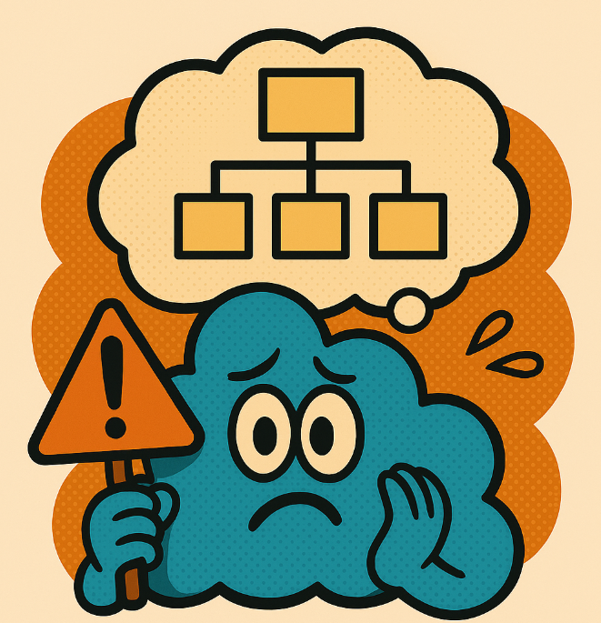 Cartoon-style illustration of a worried blue cloud holding a warning sign, with a thought bubble showing an organizational chart — symbolizing that cloud challenges are organizational, not technical.