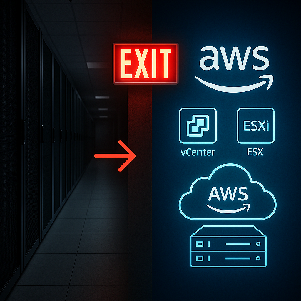Split illustration. Left side shows a dark on-premises server corridor with a glowing red “EXIT” sign and arrow pointing right. Right side shows AWS-themed icons in neon blue, including AWS logo, vCenter, ESXi, cloud, and server icons, symbolising migration from data centre to AWS.