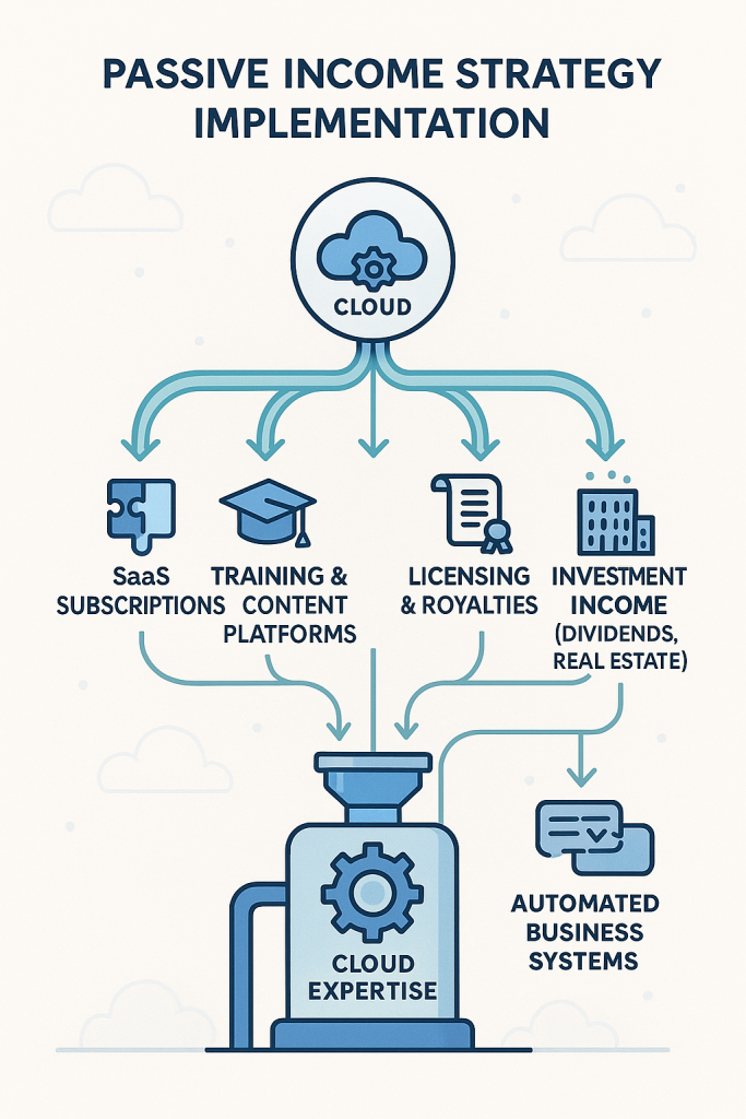 Flow diagram showing "Passive Income Strategy Implementation" with cloud expertise at top flowing down to four income streams: SaaS Subscriptions (puzzle piece), Training & Content Platforms (graduation cap), Licensing & Royalties (certificate), and Investment Income/Dividends/Real Estate (buildings). All streams flow into automated business systems represented by a gear mechanism.