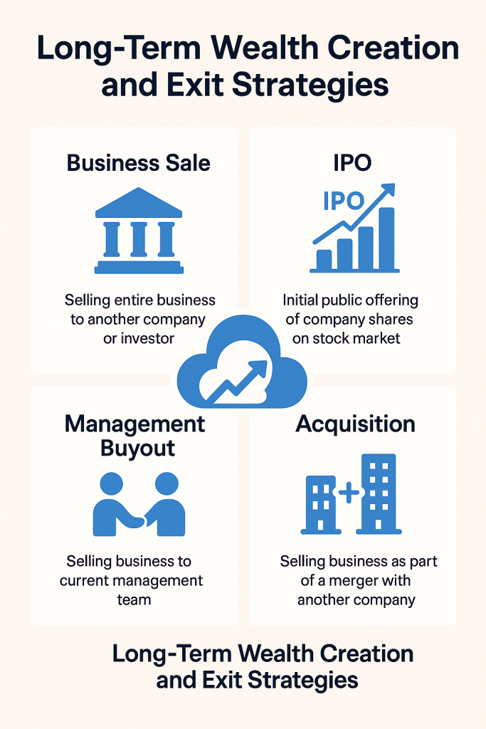 Infographic showing "Long-Term Wealth Creation and Exit Strategies" with four blue sections: Business Sale (building icon with pillars), IPO (upward trending bar chart), Management Buyout (two people shaking hands), and Acquisition (two buildings with plus sign). Central cloud icon with upward arrow connects all elements.