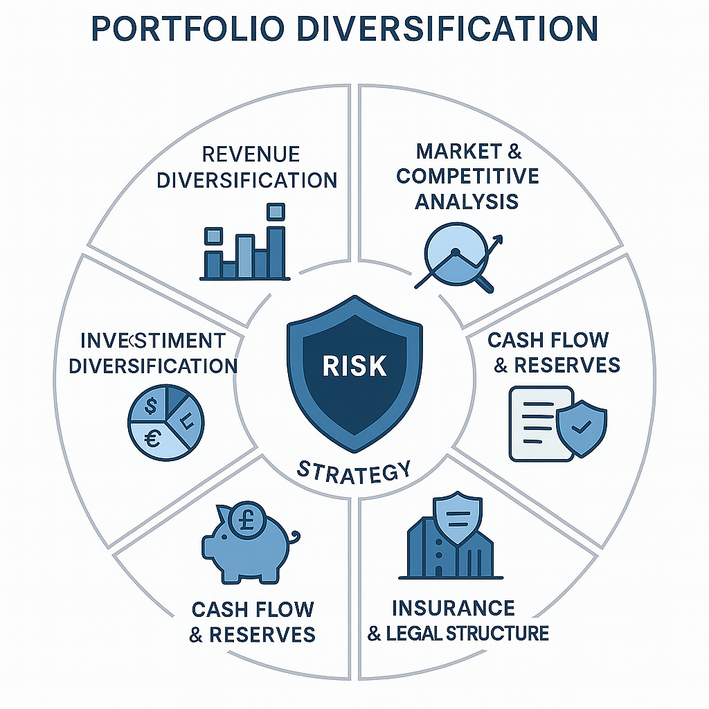 Circular diagram titled "Portfolio Diversification" with "Risk Strategy" shield in center, surrounded by six segments: Revenue Diversification (bar chart), Market & Competitive Analysis (magnifying glass with chart), Cash Flow & Reserves (document with shield), Insurance & Legal Structure (building with shield), Cash Flow & Reserves (piggy bank), and Investment Diversification (currency symbols).