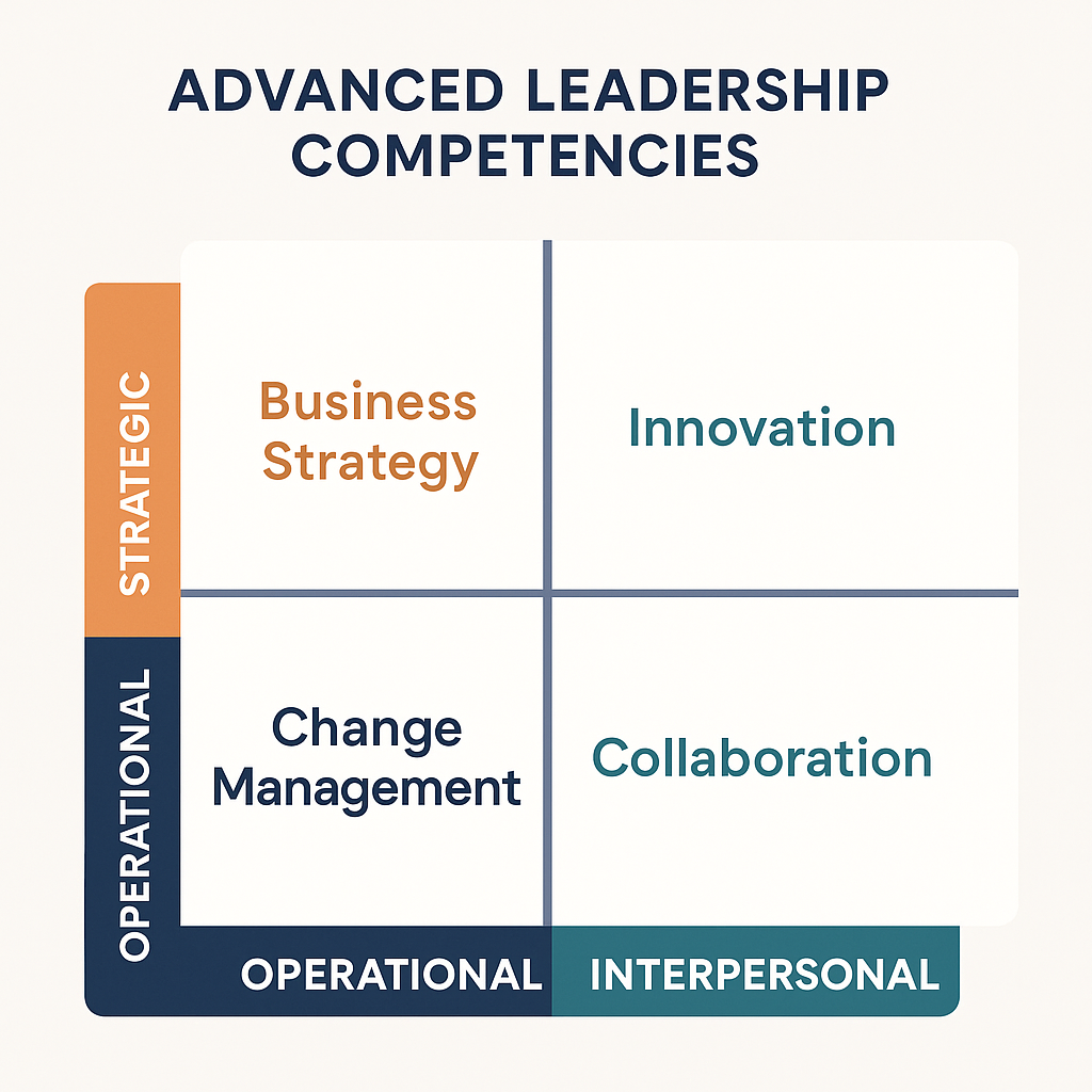 A 2x2 matrix titled “Advanced Leadership Competencies” with quadrants representing Business Strategy, Innovation, Change Management, and Collaboration, categorized by Strategic, Operational, and Interpersonal skills.
