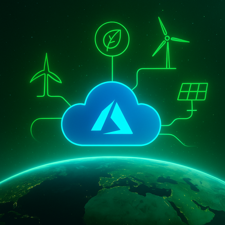 Futuristic illustration of a glowing Azure cloud logo above Earth, connected to neon green icons representing sustainability: wind turbines, solar panels, and a leaf symbol, all set against a starry dark background.
