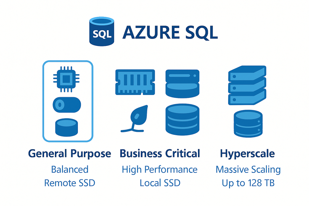 Side-by-side graphic of vCore tiers: General Purpose (remote SSD), Business Critical (local SSD), and Hyperscale (stacked disks, up to 128TB), with icons representing CPU, memory, and storage features.