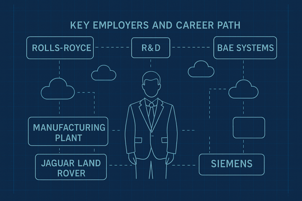 A flowchart-style diagram on a dark blueprint background depicting major manufacturing employers and mapped career tracks such as Cloud Security, DevOps, OT Integration, and Data Analytics.