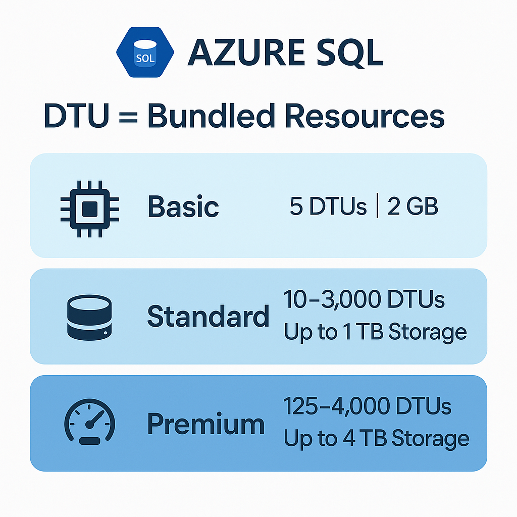 Clean infographic displaying three horizontal blocks for Azure SQL’s DTU tiers: Basic (5 DTUs, 2GB), Standard (10–3,000 DTUs, 1TB), and Premium (125–4,000 DTUs, 4TB), each with minimalist icons and a SQL logo above.