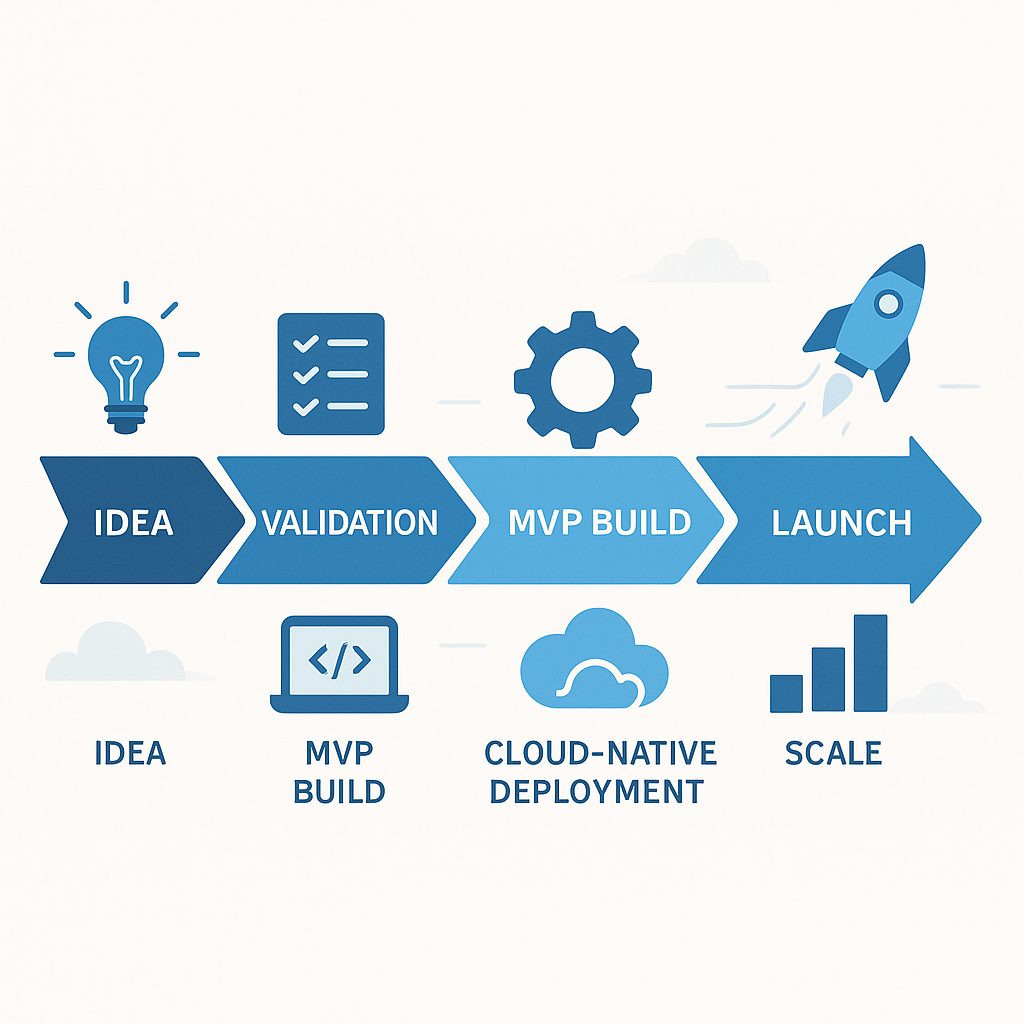 Product development process flow showing four connected arrow stages from left to right: IDEA (lightbulb), VALIDATION (checklist), MVP BUILD (gear), and LAUNCH (rocket). Below are corresponding phases: IDEA (laptop), MVP BUILD (code brackets), CLOUD-NATIVE DEPLOYMENT (cloud), and SCALE (ascending bar chart).