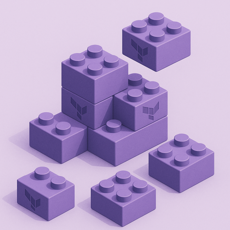 3D illustration of purple Lego-style blocks with the Terraform logo on them. The blocks are stacked together like building bricks, symbolizing modular Infrastructure as Code components.