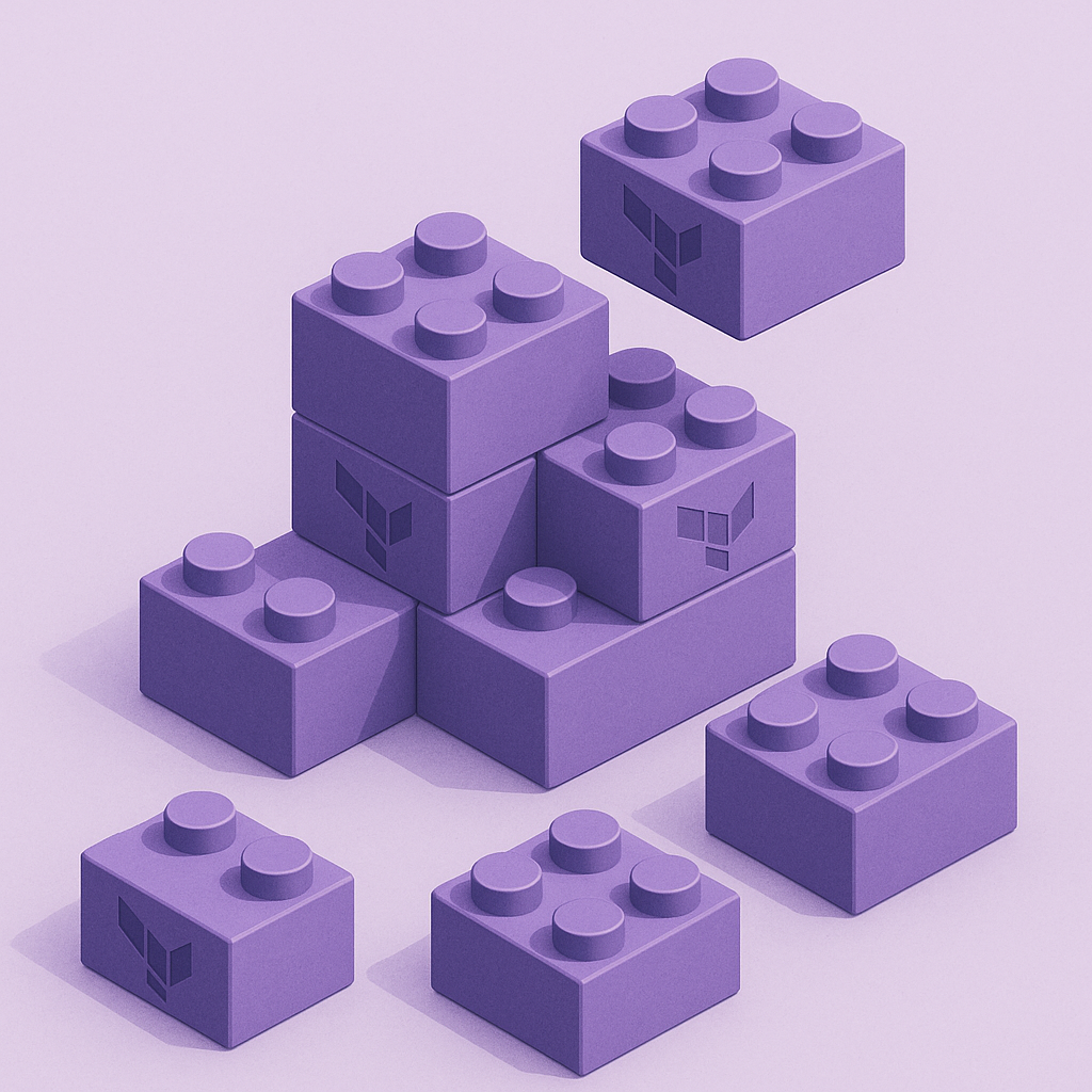 3D illustration of purple Lego-style blocks with the Terraform logo on them. The blocks are stacked together like building bricks, symbolizing modular Infrastructure as Code components.