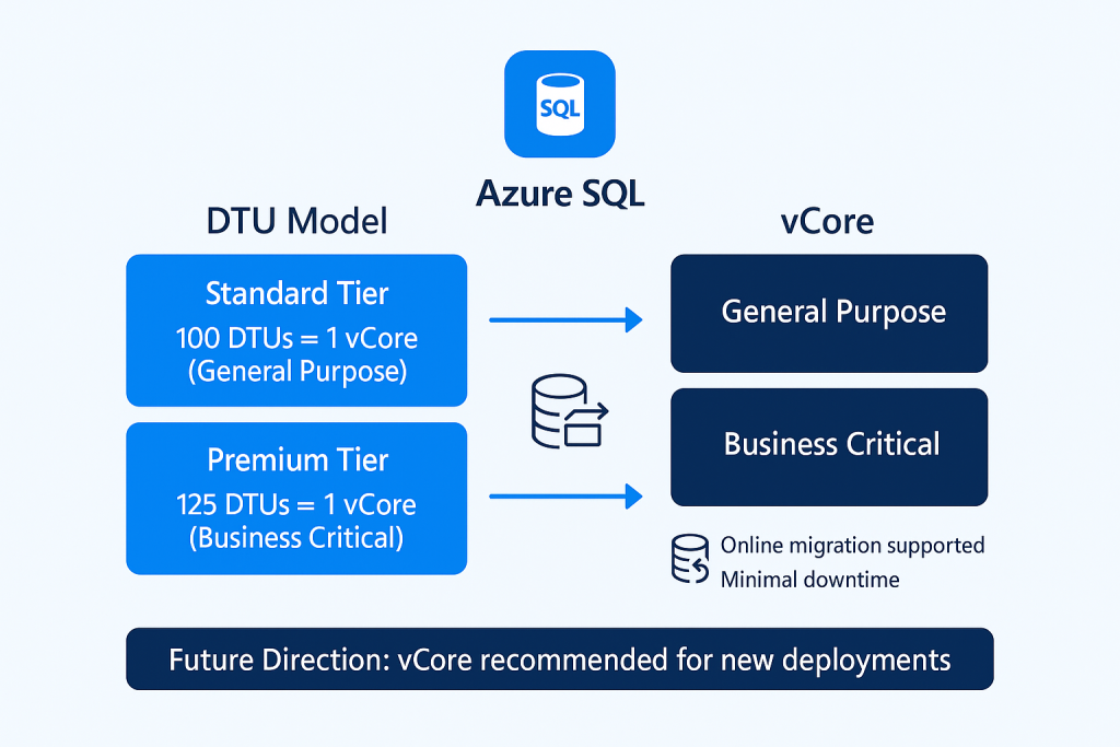 Diagram showing DTU Standard Tier (100 DTUs ≈ 1 vCore GP) and Premium Tier (125 DTUs ≈ 1 vCore BC) mapping to vCore equivalents via arrows. Includes icons for database migration and a banner noting vCore as the recommended future direction.