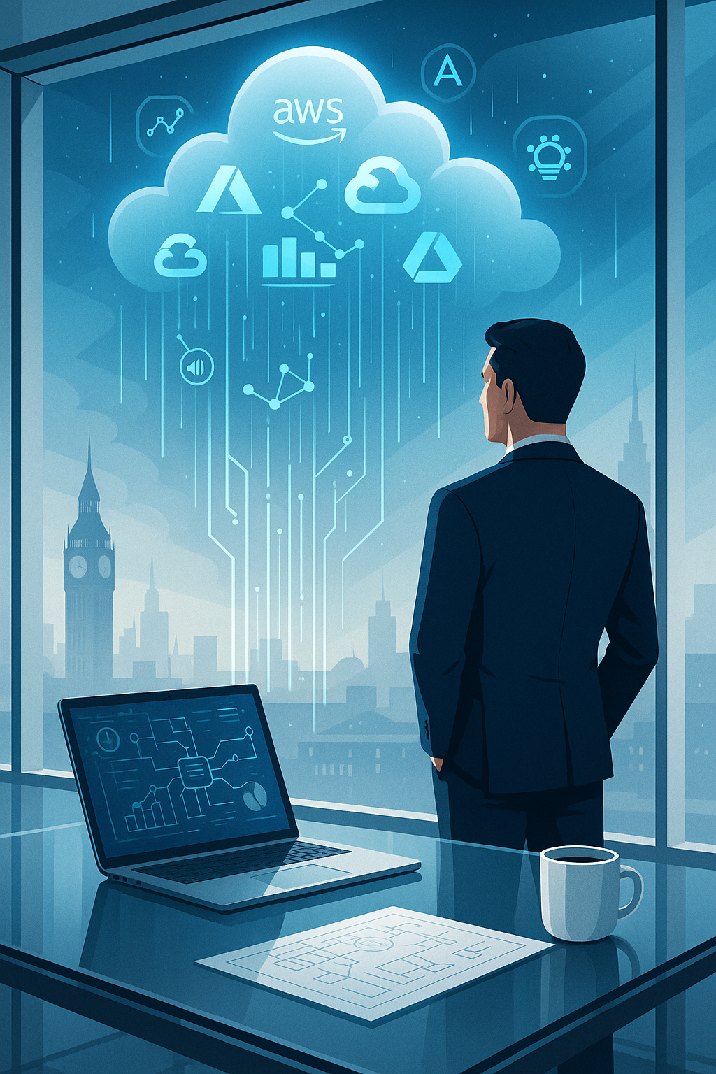 A cloud technology executive stands in a high-rise office, gazing out at a glowing digital cloud filled with cloud icons and data streams. A laptop and coffee mug sit on a glass table in front of him, symbolizing strategic leadership in cloud transformation.