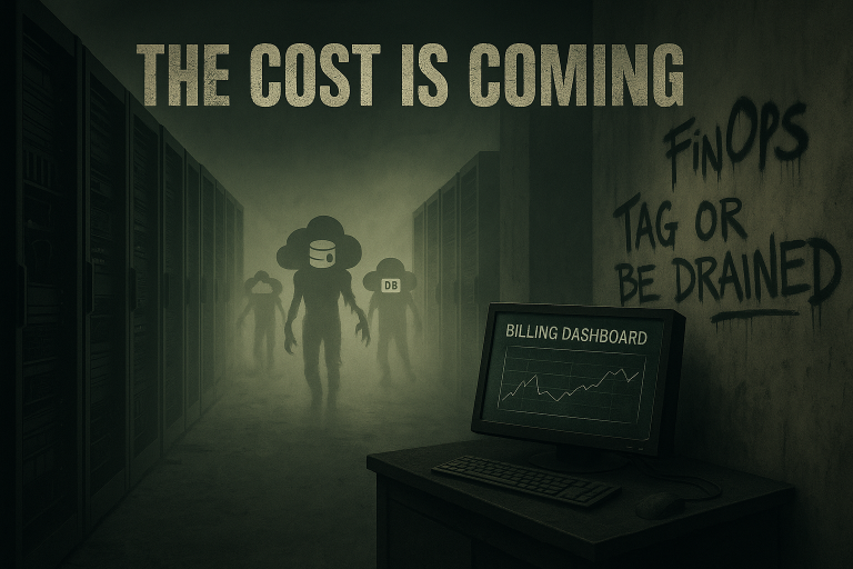 A dark, foggy server room with broken screens and shadowy zombie-like cloud icons approaching. A cracked billing dashboard flickers in the foreground. On the wall, graffiti reads “Tag or be drained,” referencing zombie cloud costs.