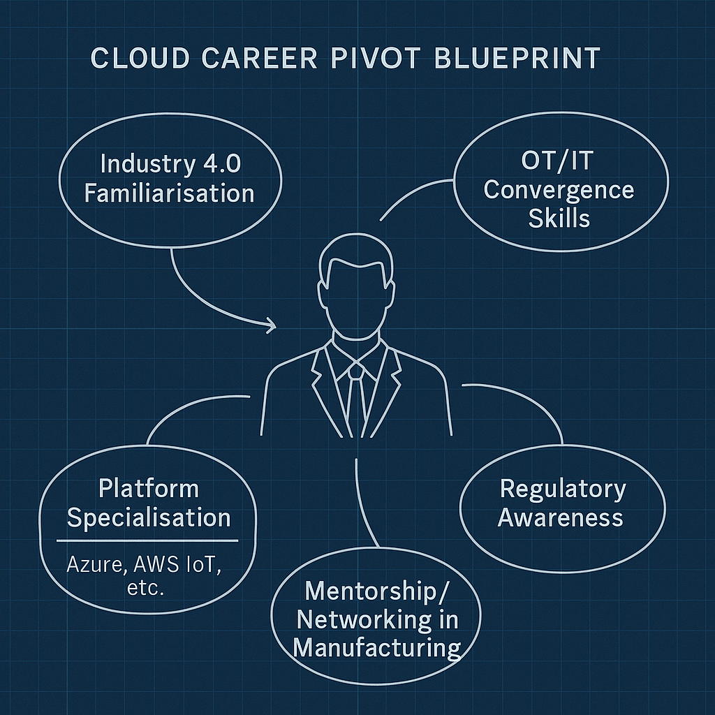 A blueprint-style diagram outlining transition steps for existing cloud professionals moving into manufacturing, including stages such as sector familiarization, skill gap analysis, and domain certification acquisition.