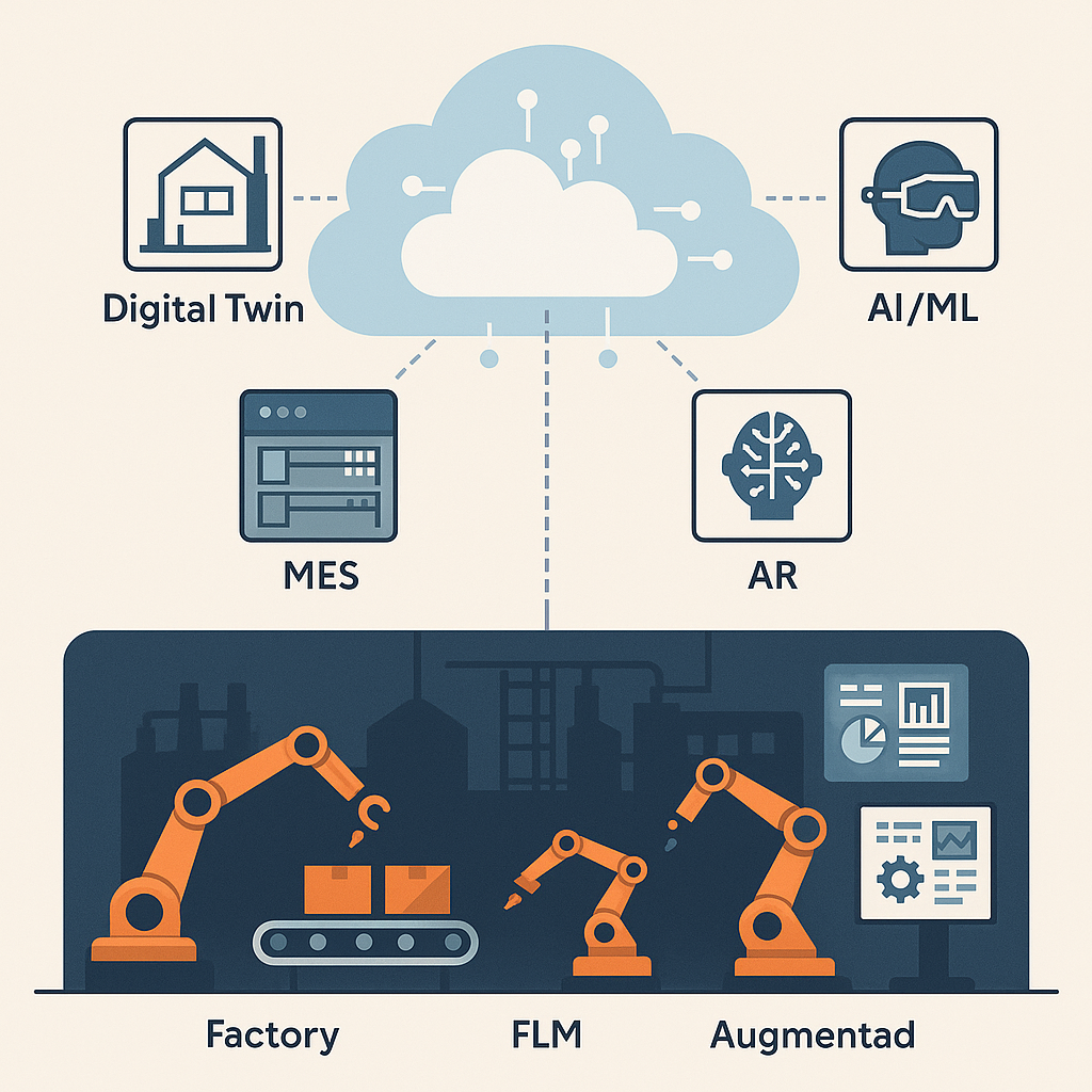 An illustration showing how various smart manufacturing technologies connect to the cloud. At the top, icons represent Digital Twin, MES, AI/ML, and AR, all linking to a central cloud. Below, robotic arms work on an assembly line in a factory setting labelled "Factory," "FLM," and "Augmented
