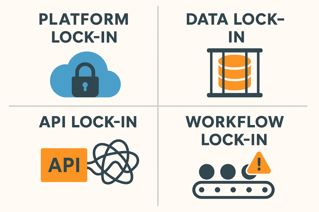 Four-quadrant infographic showing Platform Lock-in with a cloud and padlock, Data Lock-in with a database behind bars, API Lock-in with tangled wires, and Workflow Lock-in with a conveyor belt and warning icon.