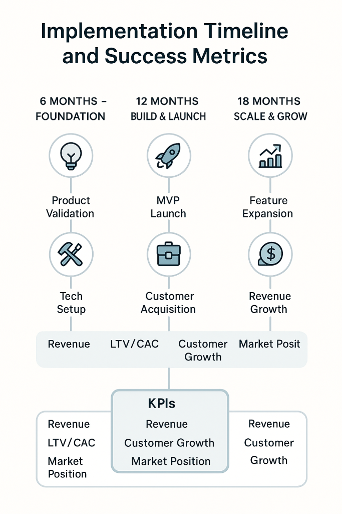 Timeline diagram showing "Implementation Timeline and Success Metrics" across three phases: 6 months Foundation (lightbulb and tools icons for Product Validation and Tech Setup), 12 months Build & Launch (rocket and briefcase icons for MVP Launch and Customer Acquisition), and 18 months Scale & Grow (chart and dollar icons for Feature Expansion and Revenue Growth). KPIs listed below include Revenue, Customer Growth, and Market Position.