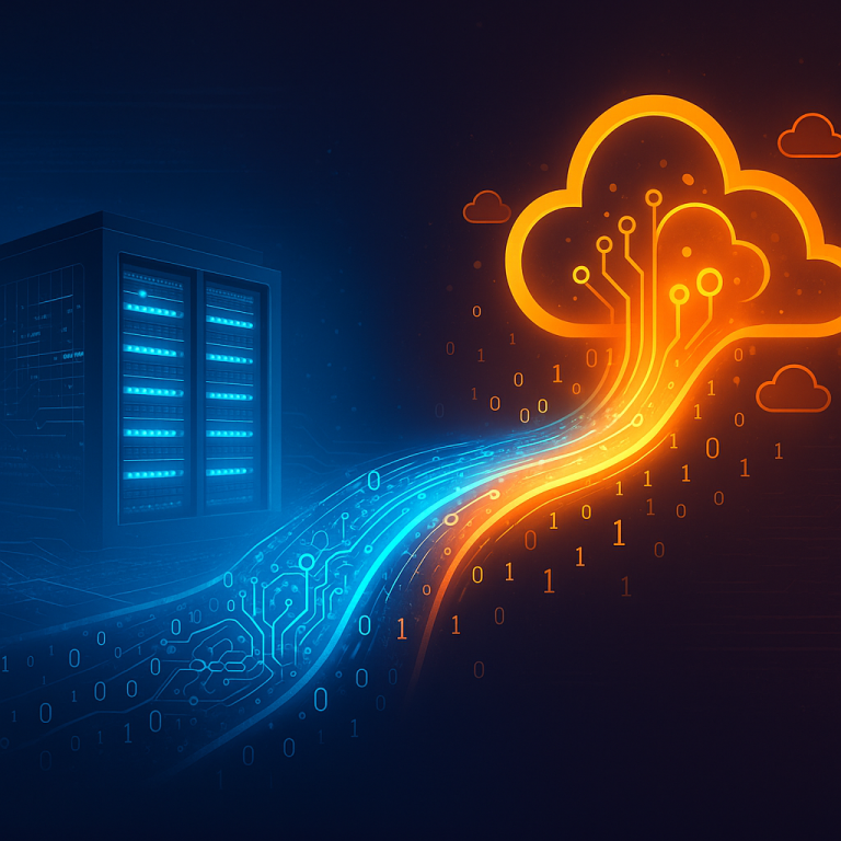 Futuristic digital illustration of a data center on the left and a glowing orange cloud on the right. A flowing stream of binary code and circuitry in blue and orange connects the server racks to the cloud, symbolizing hybrid cloud integration.
