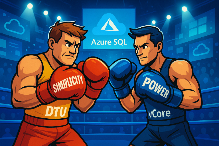 Cartoon-style illustration of two muscular fighters in a digital arena representing Azure SQL models: DTU wearing red gloves labeled “Simplicity” and vCore wearing blue gloves labeled “Power.” Azure SQL logo is shown in the background above the ring.