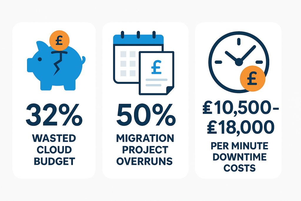 Infographic showing wasted cloud budget, budget overruns, extended migration timelines, and downtime costs of £10,500–£18,000 per minute due to vendor lock-in.