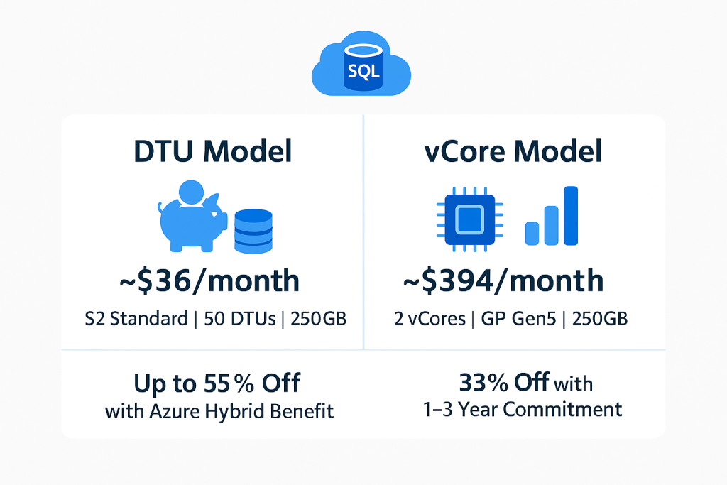 Horizontal card-style comparison showing DTU model costing ~$36/month for S2 (50 DTUs) and vCore model costing ~$394/month for GP Gen5 (2 vCores), with Azure Hybrid Benefit and Reserved Pricing discounts listed below.