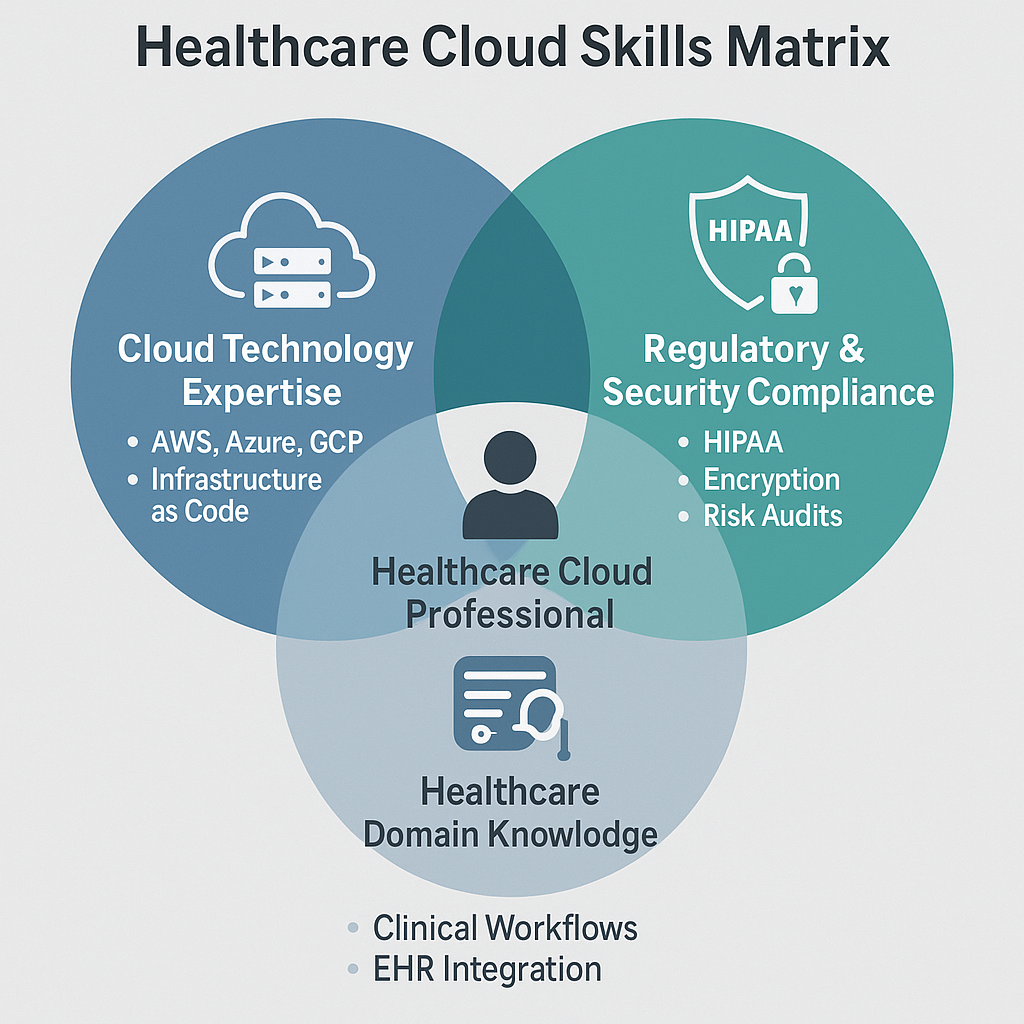 A Venn diagram with three intersecting circles labeled Cloud Technology Expertise, Healthcare Domain Knowledge, and Regulatory & Security Compliance. The centre overlap is labelled “Healthcare Cloud Professional,” highlighting the interdisciplinary nature of the role.