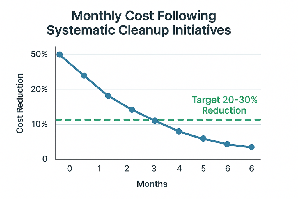 A line graph showing monthly cloud cost decreasing over time due to zombie resource elimination efforts, illustrating a trend of increasing savings.