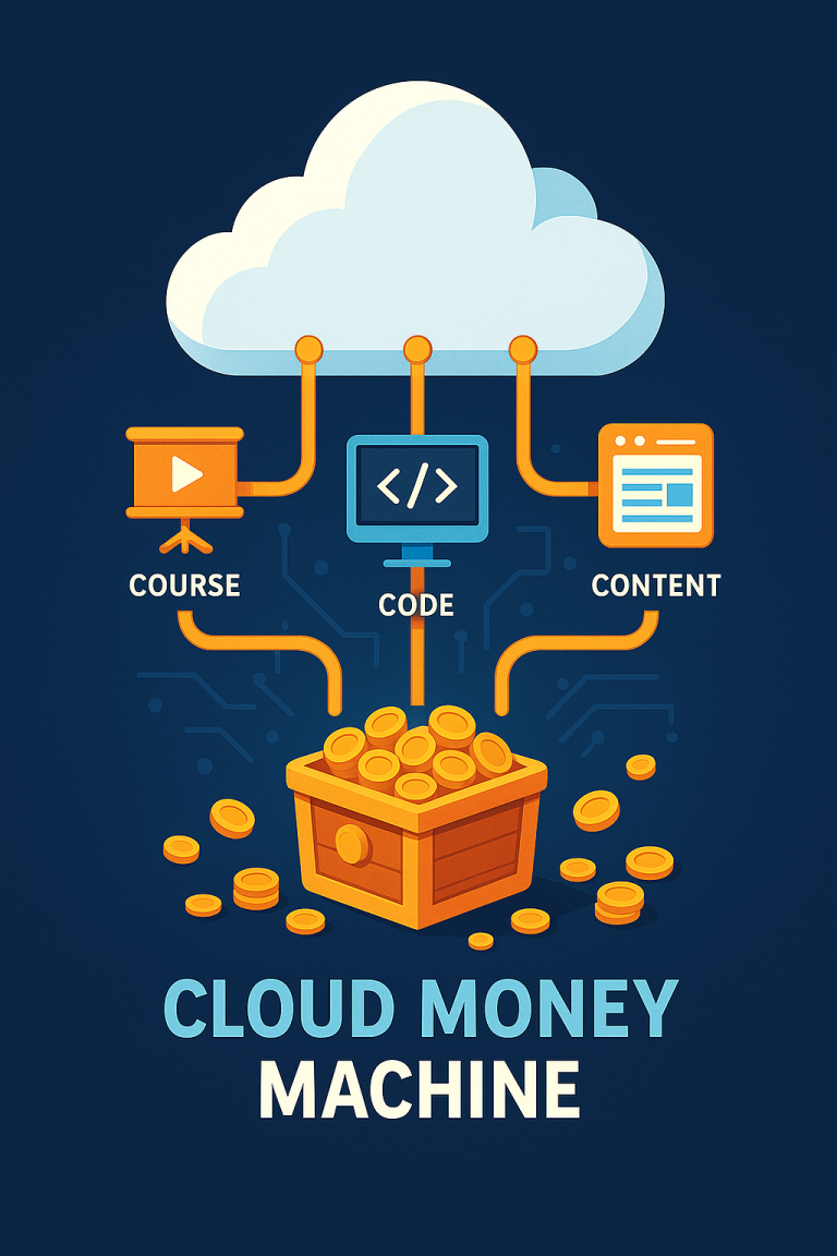 Illustration of a cloud computing money-making concept showing a white cloud connected to three orange elements labeled "COURSE", "CODE", and "CONTENT" with orange connecting lines. These elements feed into a wooden treasure chest overflowing with gold coins, with additional coins scattered around. The text "CLOUD MONEY MACHINE" appears at the bottom against a dark blue background with circuit board patterns.