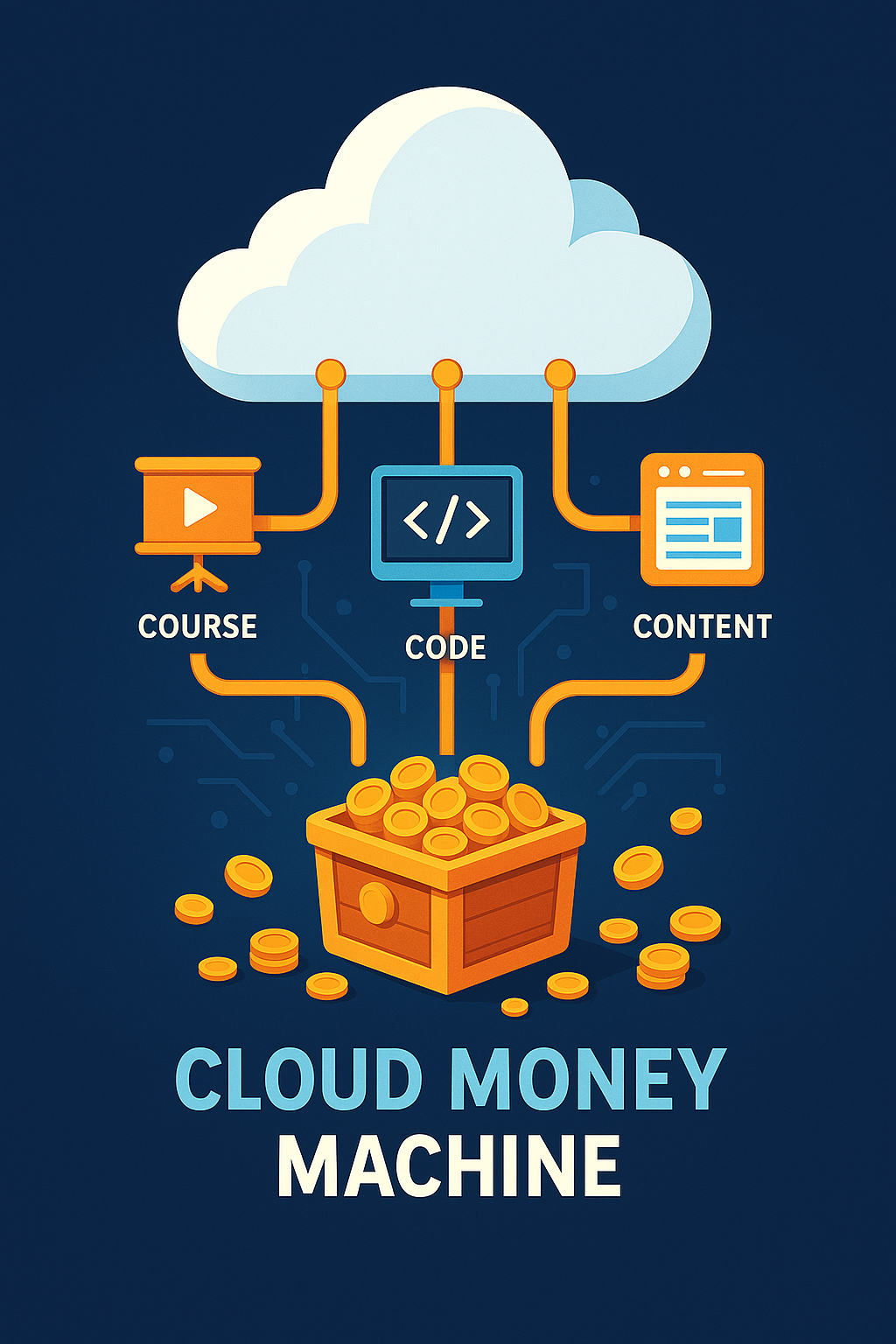 Illustration of a cloud computing money-making concept showing a white cloud connected to three orange elements labeled "COURSE", "CODE", and "CONTENT" with orange connecting lines. These elements feed into a wooden treasure chest overflowing with gold coins, with additional coins scattered around. The text "CLOUD MONEY MACHINE" appears at the bottom against a dark blue background with circuit board patterns.