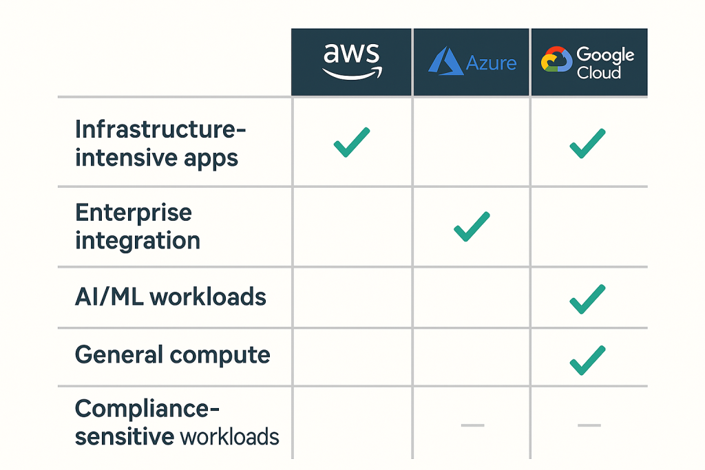 A flat-style decision matrix chart showing workload types in rows and AWS, Azure, Google Cloud columns, with checkmarks indicating each provider’s strengths for different workload categories.