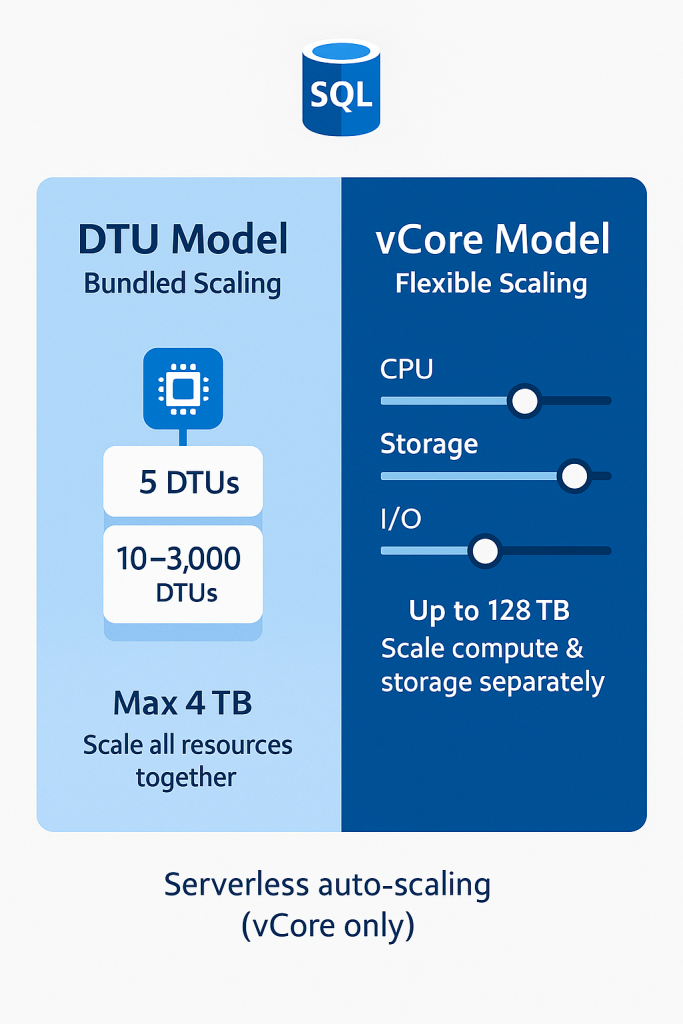 Side-by-side infographic showing DTU’s bundled scaling with fixed 4TB limit vs vCore’s flexible sliders for CPU, storage, and I/O, with up to 128TB and serverless auto-scaling note.