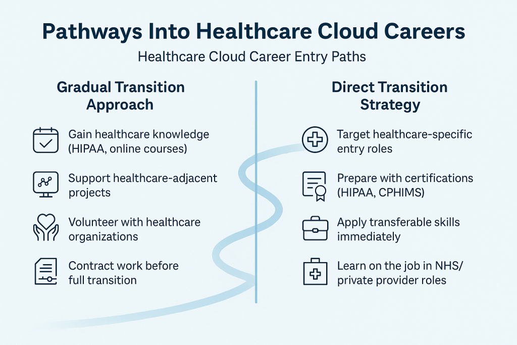 A side-by-side flowchart comparing two career transition strategies into healthcare cloud: a Gradual Approach involving volunteering, learning, and part-time experience; and a Direct Approach focusing on certifications and applying for healthcare roles directly.
