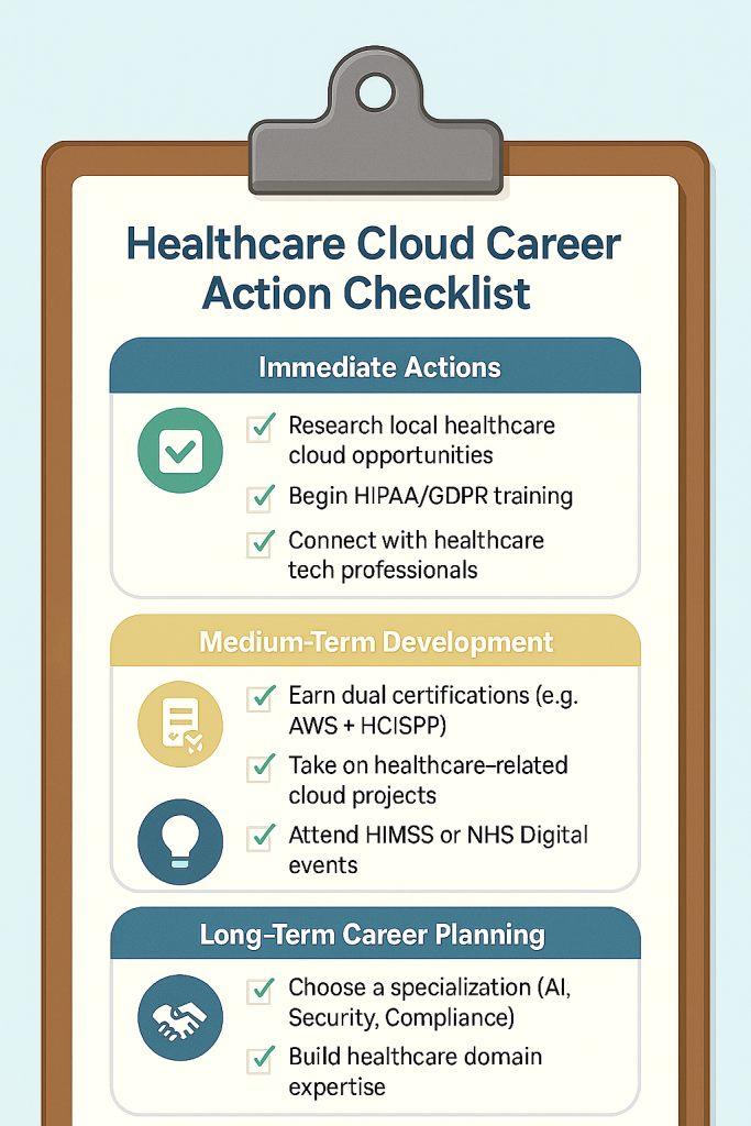 A flat-style digital clipboard listing action steps across three sections: Immediate Actions (e.g., start HIPAA training), Medium-Term Development (e.g., gain certifications), and Long-Term Planning (e.g., specialise in AI or compliance).