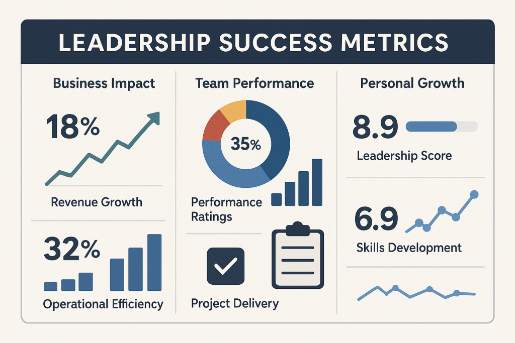 A dashboard visual showing metrics for leadership success including revenue growth, operational efficiency, team performance, project delivery, leadership score, and skills development, presented through graphs and charts.