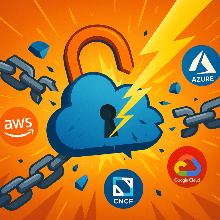 A bold flat-style illustration of a large cloud-shaped padlock being shattered by a lightning bolt, with pieces flying off and AWS, Azure, and Google Cloud logos breaking free into the background.