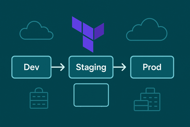 Horizontal diagram with boxes labeled Dev, Staging, and Prod connected by arrows left to right. The Terraform logo sits above the flow, with cloud, lock, and server icons in the background. Represents a linear promotion pipeline from development to production.