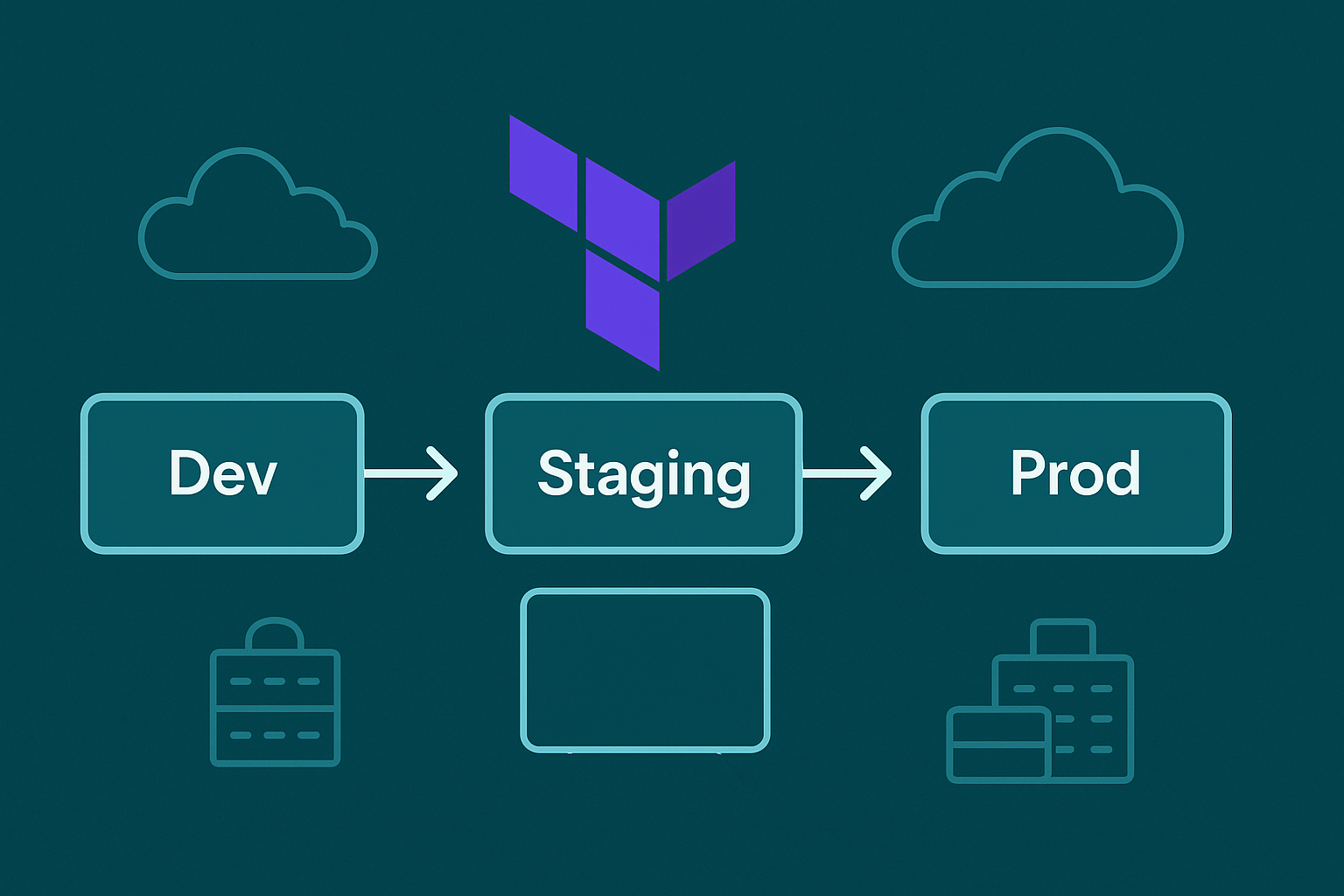 Horizontal diagram with boxes labeled Dev, Staging, and Prod connected by arrows left to right. The Terraform logo sits above the flow, with cloud, lock, and server icons in the background. Represents a linear promotion pipeline from development to production.