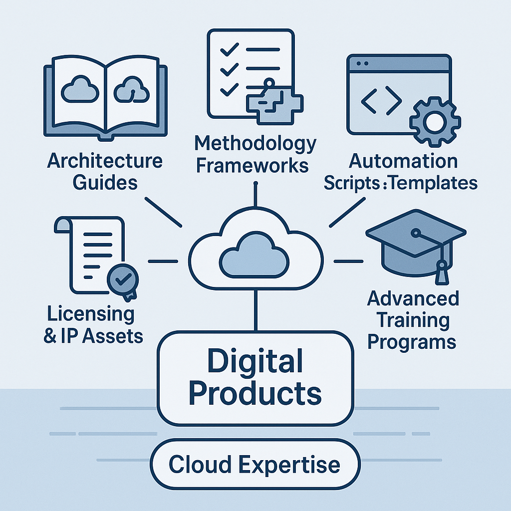 Digital products ecosystem showing cloud icon at top connected to five product categories: Architecture Guides (open book with clouds), Methodology Frameworks (checklist with medical cross), Automation Scripts & Templates (browser window with code and gear), Licensing & IP Assets (document with checkmark), and Advanced Training Programs (graduation cap). "Digital Products" and "Cloud Expertise" appear as foundation elements.