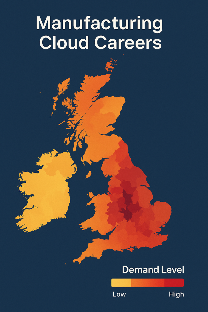 A choropleth map of the UK illustrating demand for cloud professionals in manufacturing across regions, with color-coded intensity indicating hotspots like Midlands, Yorkshire, and South East England.