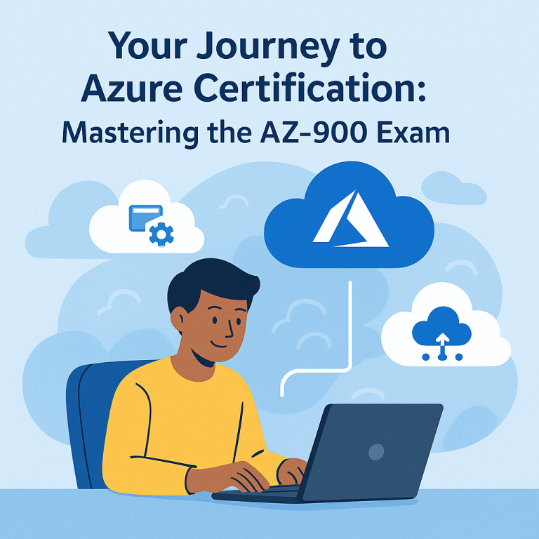 Illustration of a person working on a laptop with cloud computing icons, including the Microsoft Azure logo, floating above, in a blue and yellow colour scheme.
