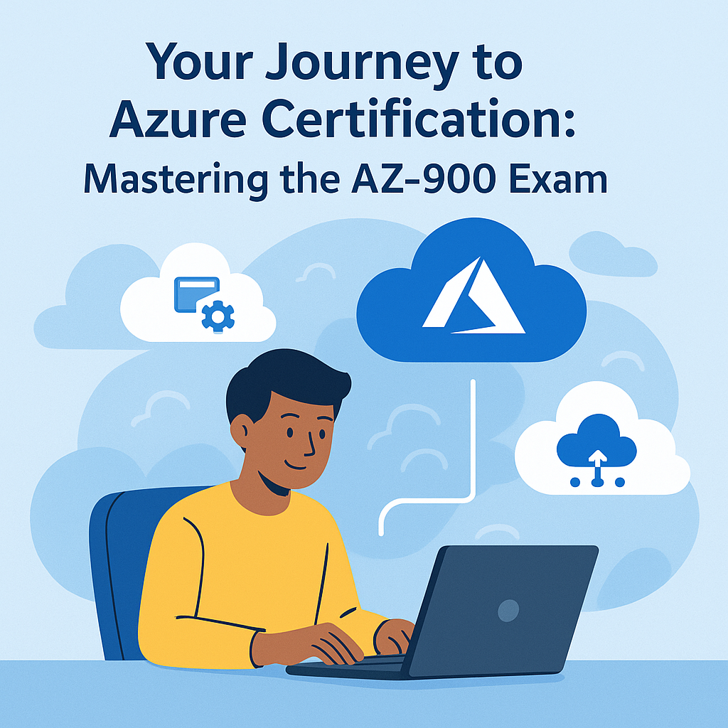 Illustration of a person working on a laptop with cloud computing icons, including the Microsoft Azure logo, floating above, in a blue and yellow colour scheme.